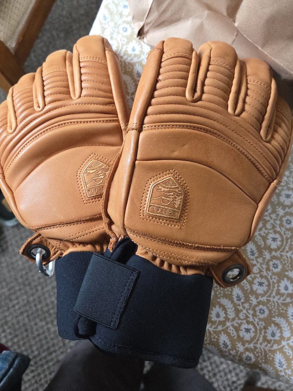 Hestra Tan Leather Insulated Gloves with Black Cuffs